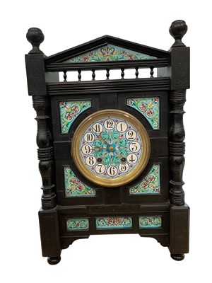 Lot 3066 - Highly decorative Aesthetic period ebonsed and ceramic panel mantel clock, of architectural from with circular dial, twin train movement, 52.5cm high