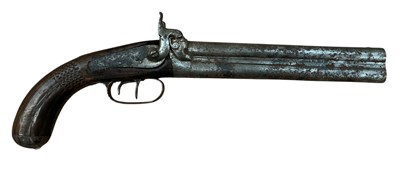 Lot 1002 - 19th century Continental export market percussion double barrelled over and under traveling pistol with carved walnut stock, 39cm