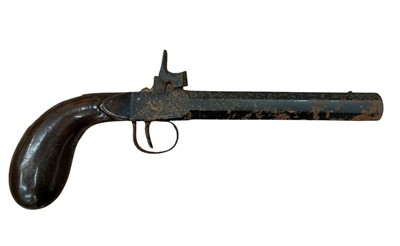 Lot 1003 - 19th century percussion box lock overcoat pistol with 22 bore octagonal barrel and silver wire inlaid walnut back grip, 28cm