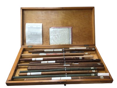 Lot 3071 - Wooden case containing a collection of glass mercury thermometers in wooden tubes