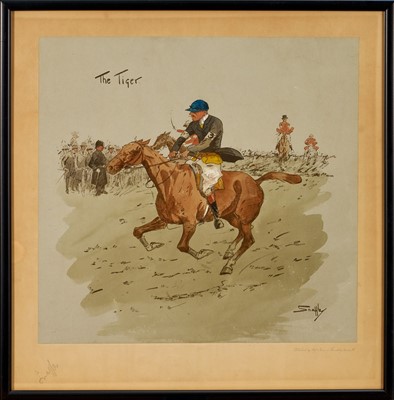 Lot 1399 - *Snaffles, Charles Johnson Payne (1884-1967) rare signed hand-coloured print - 'The Tiger', published by Messrs Fores, 41cm x 40.5cm, in glazed frame