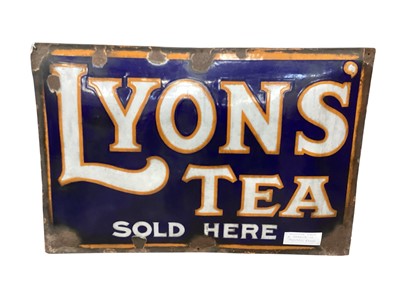 Lot 3096 - Original 'Lyons Tea Sold Here' enamel advertising sign, with label 'Salvaged from a garden in Mundon, Essex', 74.5 x 49cm.