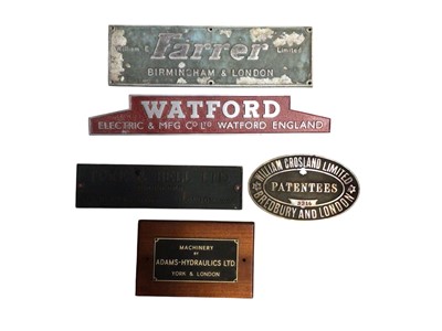 Lot 3098 - Group of five various machine signs / plaques to include Tuke & Bell Ltd, William Crosland Limited and Watford, (5).