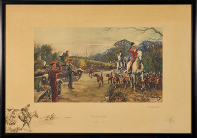 Lot 1396 - *Snaffles, Charles Johnson Payne (1884-1967) signed print - The Season, with snaffle blindstamp, 49cm x 70.5cm, in glazed frame
