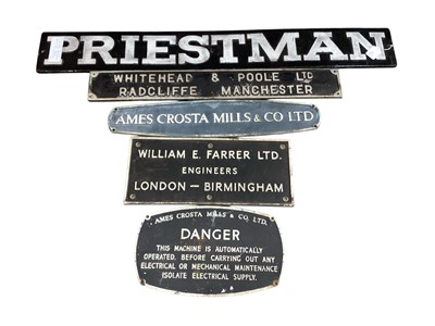 Lot 3099 - Group of five various machine signs / plaques to include Whitehead & Poole Ltd, Ames Costa Mills & Co Ltd and William E. Farrer Ltd, (5).