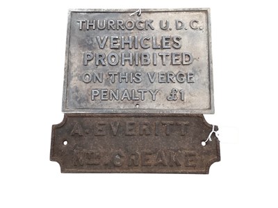 Lot 3100 - Two vintage signs- Thurrock U.D.C. Vehicles prohibited on this verge penalty £1 and A. Everett, North Greake, (2).