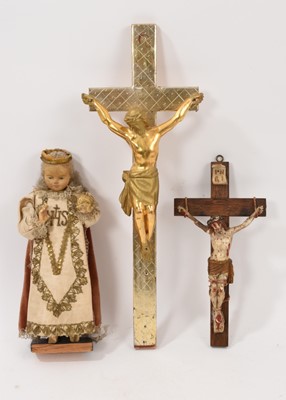 Lot 834 - Antique wax doll - Holy child of Prague, and two crucifixes