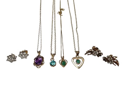 Lot 285 - Four gem set pendants on 9ct gold chains and two pairs of yellow metal gem set cluster earrings