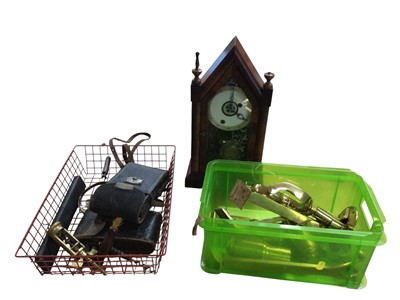 Lot 3075 - Group of collectables including brass corkscrew, two folding cameras, Gothic-style mantel clock, brass microscope parts