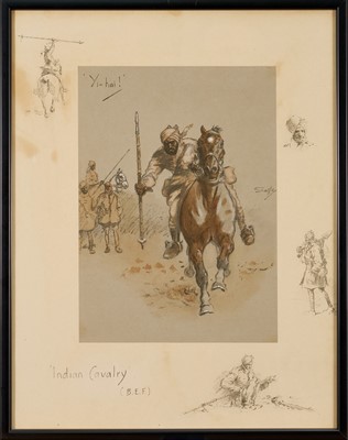 Lot 1389 - *Snaffles, Charles Johnson Payne (1884-1967) hand-coloured print - 'Yi-hai!', 'Indian Cavalry', with snaffle blindstamp, 44cm x 34cm, in glazed frame