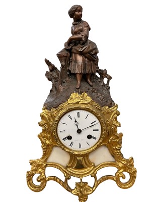 Lot 3069 - 19th century Continental gilt metal and alabaster figural mantel clock, by Leroy, Paris, with figural surmount, 36cm high