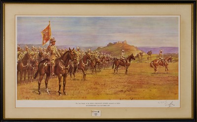 Lot 1386 - *Snaffles, Charles Johnson Payne (1884-1967) signed print - The Last Parade of the King's Dragoon Guards mounted on Horses, Secunderabad 23rd October 1937, inscribed 'To Eric W. Snaffles', 39.5cm...