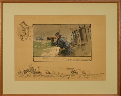 Lot 1384 - *Snaffles, Charles Johnson Payne (1884-1967) pair hand-coloured prints - 'Shepherding a Convoy' and 'Watching the Sweep', signed, 31cm x 43cm, in glazed frames. Provenance: Bonhams, Knowle...