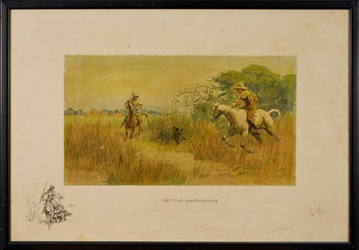 Lot 1383 - *Snaffles, Charles Johnson Payne (1884-1967) signed hand-coloured print - "Getting Cantankerous", with snaffle blindstamp, 44cm x 64.5cm, in glazed frame.