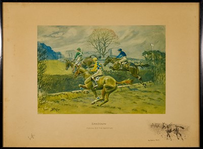 Lot 1382 - *Snaffles, Charles Johnson Payne (1884-1967) signed hand-coloured print - Sandown, Asking 'em The Question, with snaffle blindstamp, 51.5cm x 70cm, in glazed frame. Provenance: Bonhams, 27...