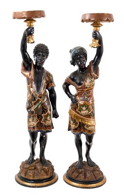Lot 1400 - Large pair of Venetian polychrome painted Blackamoor torchère stands