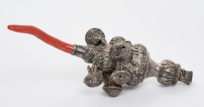 Lot 266 - Victorian silver child's rattle of ornate form with 10 bells (one lacking)