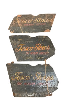 Lot 3129 - Three vintage painted tin shop signs for Tesco Stores
