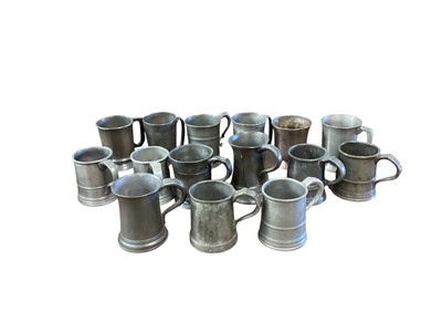 Lot 3111 - Collection of fifteen 19th century pewter 1 pint tavern tankards, most with pub / tavern names engraved to them, (15).