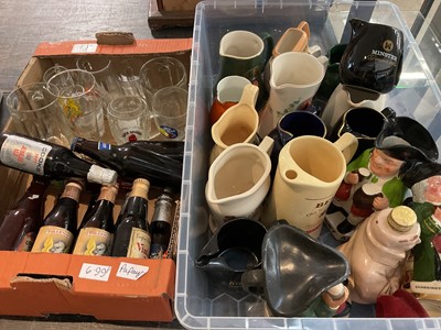 Lot 3120 - Collection of whisky and other jugs, character jugs, glassware, bottle tops, stoneware bottles and bottles of beer (3 boxes)