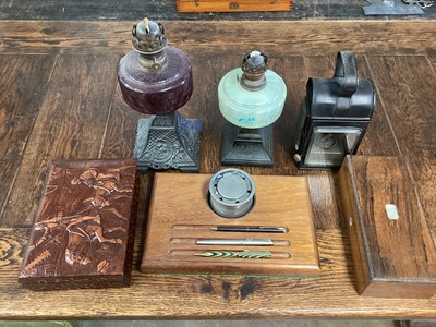 Lot 3147 - Two boxes to include oil lamps, lantern, clay pipes and sundries, (2 boxes).