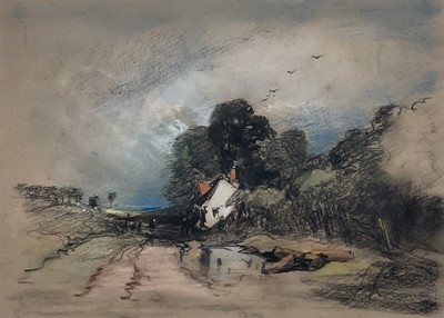 Lot 1350 - Henry Bright (1810-1873) pastel and charcoal - Cottage in a Lane, initialled, 18cm x 25cm, in glazed gilt frame