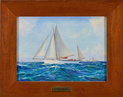 Lot 1215 - Fid Harnack (1897-1983) watercolour - "Coryphee" at Sea, signed and inscribed, further details of the vessel detailed verso, 25cm x 34cm, in glazed frame