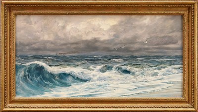 Lot 1217 - John Brett (1830-1902) oil on canvas - ‘A Roller beating on the Seashore’, signed and dated 1879, 30cm x 60cm in gilt frame