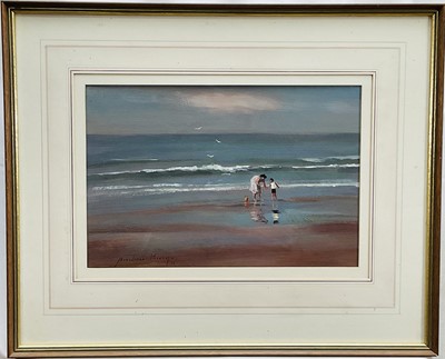 Lot 1216 - *Andrew King (b.1956) gouache - Figures on the Beach, Low Tide, Norfolk, signed and dated '86, 24cm x 35cm, in glazed frame