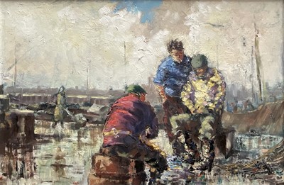 Lot 1217 - Wilfred Sutton (1917-2012) oil on board - Fishermen, titled verso, 40cm x 60cm, framed