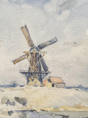 Lot 1348 - Arthur John Trevor Briscoe (1873-1943) watercolour - Mill at Verona, Holland, signed and dated 1924, 25cm x 35.5cm, together with another believed to be by the same hand, a tall ship at anchor,...