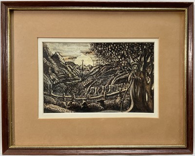 Lot 1219 - *Tom Keating (1917-1984) mixed media after Samuel Palmer - The Shepherd, 10.5cm x 16.5cm, in glazed frame, together with a copy of Samuel Palmer by James Sellars (2)