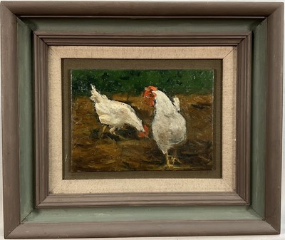 Lot 1221 - Dave Ross, contemporary, oil on board - Leghorn Chickens, 13cm x 18cm, in painted frame. Exhibited: Colchester Art Society