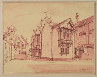Lot 1223 - *Charles Debenham (b.1933) ink and watercolour - North Hill, Colchester, with St Peter's Church, signed and dated 1979, 37cm x 47cm, in glazed frame