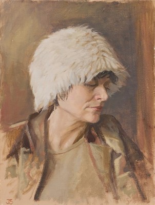 Lot 1267 - Jack Stephenson (1945-2025) oil on canvas, Diana in Fur Hat, monogrammed, inscribed, 40cm x 30cm, unframed