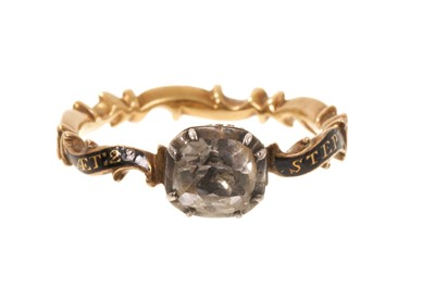 Lot 401 - A fine mid 18th century George II gold and enamel mourning ring 'Step:Wood. O'Bt13♦July 1748 Aet:29'