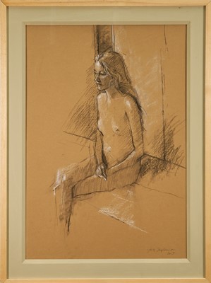 Lot 1268 - Jack Stephenson (1945-2025) charcoal study, Seated Nude, signed and dated 2015, 80cm x 55cm, glazed frame