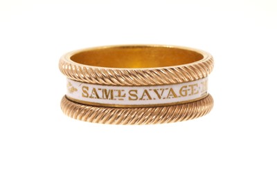 Lot 402 - George III gold and white enamel mourning ring with wrythen gold border 'Saml. Savage. Ob 16 Dec:1813 Ae 17'