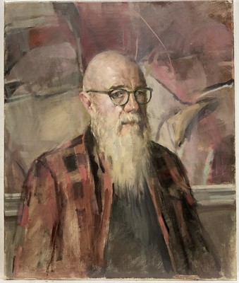 Lot 1266 - Jack Stephenson (1945-2025) oil on canvas, Portrait of a bearded man in red, 59cm x 50cm, unframed