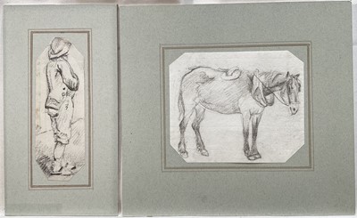 Lot 1336 - George Frost (1745-1821) two pencil sketches - A Cart Horse, 11.5cm x 13.5cm and Standing Figure, 15cm x 5.5cm, both mounted on card (2)
