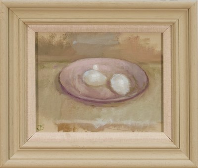Lot 1278 - Jack Stephenson (1945-2025) oil on canvas, Still life of Duck eggs, monogrammed, 18cm x 23cm, framed