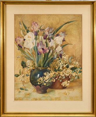 Lot 1225 - John Ernest Foster (1877-1968) watercolour - Still Life Honeysuckle and Irises, 61cm x 48cm, in glazed gilt frame. Provenance: formally in the collection of the late Richard Cooper, auct...