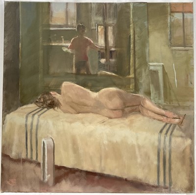 Lot 1277 - Jack Stephenson (1945-2025) oil on canvas, Reclining nude, monogrammed, 61cm x 61cm, unframed