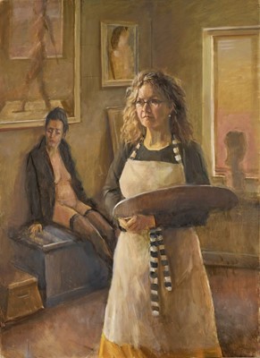 Lot 1276 - Jack Stephenson (1945-2025) oil on canvas, Artist and Model, signed and titled verso, 110cm x 80cm, unframed