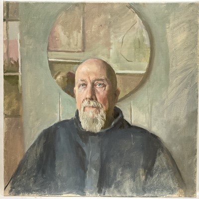 Lot 1272 - Jack Stephenson (1945-2025) oil on canvas, Portrait of a man with a beard in blue, 50cm x 50cm, unframed