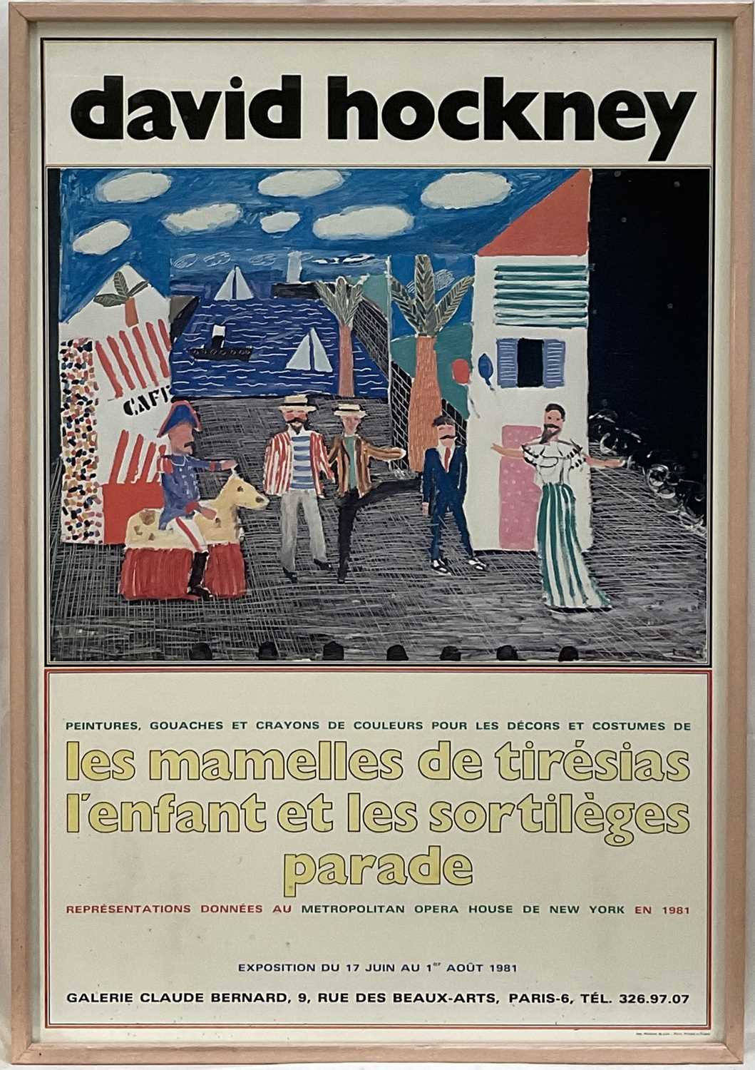 Lot 49 - David Hockney exhibition poster, Stage design for Parade Triple Bill at Metropolitan Opera House New York, Galerie Claude Bernard 1981, framed