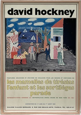 Lot 49 - David Hockney exhibition poster, Stage design for Parade Triple Bill at Metropolitan Opera House New York, Galerie Claude Bernard 1981, framed