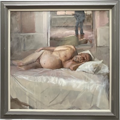 Lot 1274 - Jack Stephenson (1945-2025) oil on canvas, Sleeping Man, titled verso, 79cm x 79cm, framed