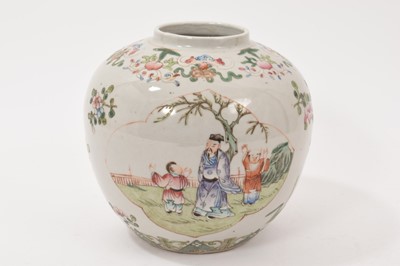 Lot 17 - Chinese famille rose porcelain ginger jar, 19th / 20th century, painted with figural panels, floral sprays and patterned borders, 16.5cm high