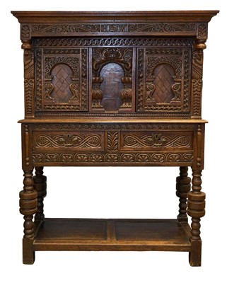 Lot 1403 - Carved oak court cupboard, with early elements